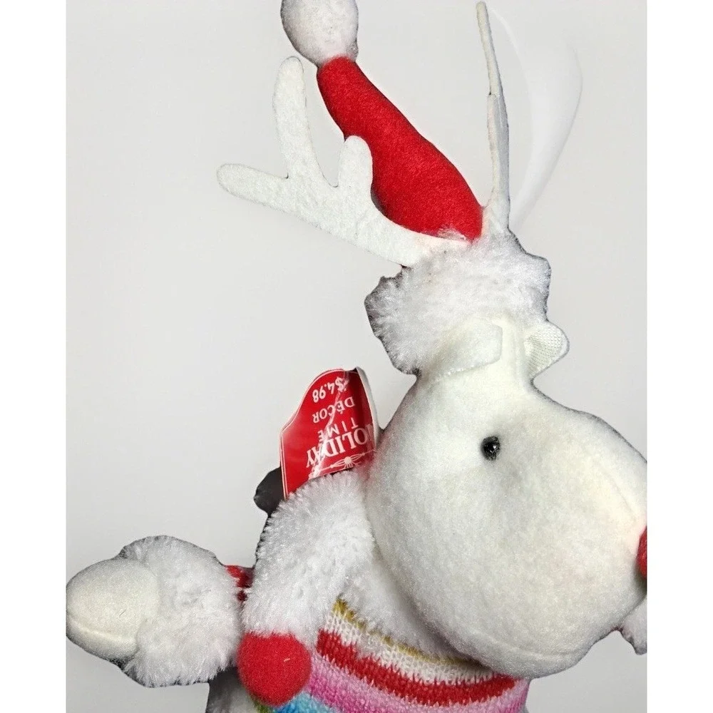 Holiday Time Rainbow Sweater Reindeer Plush Christmas Decor Set of 2 White Red